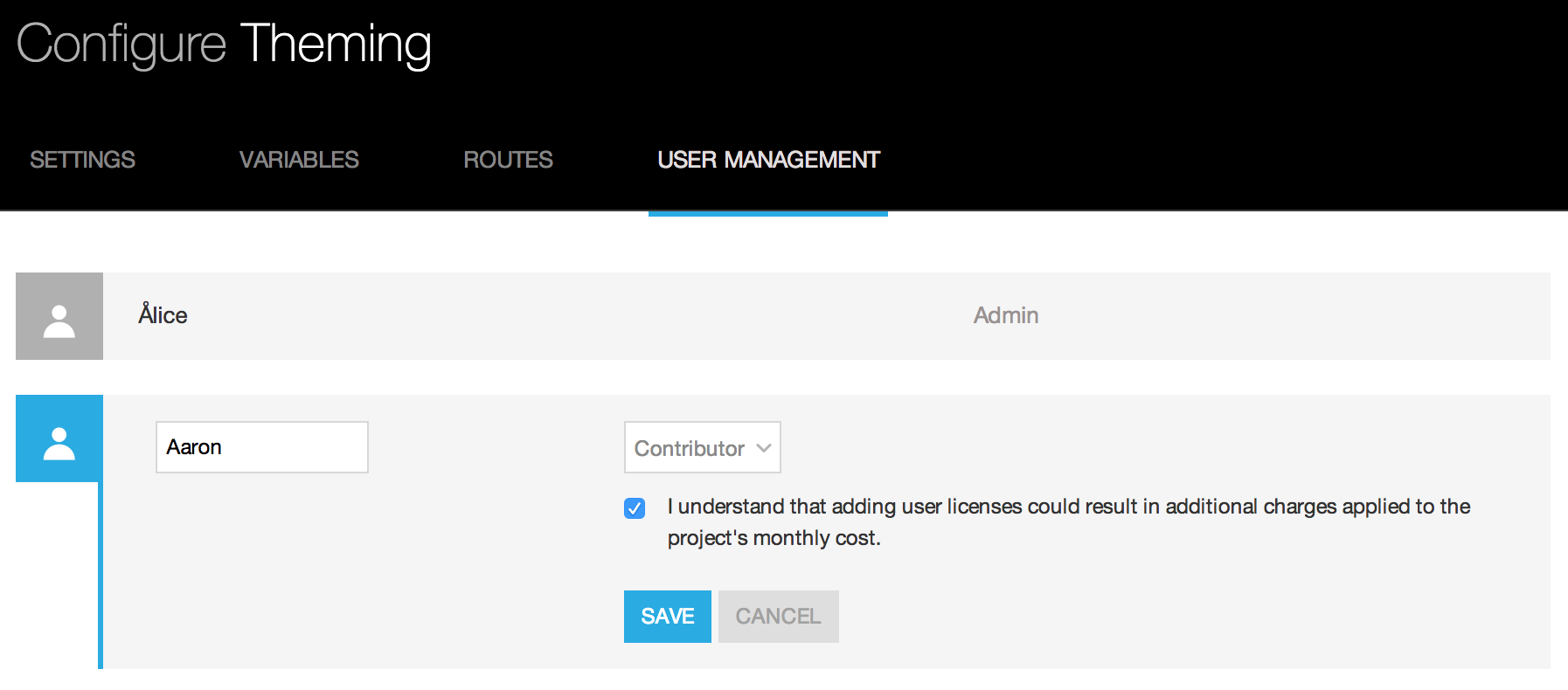 Project user management screenshot